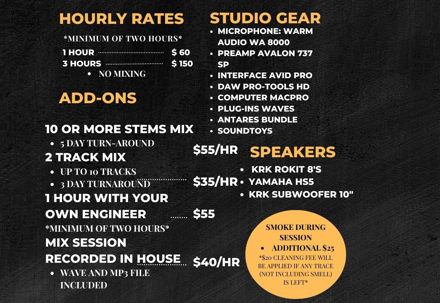 List of available studio services and prices